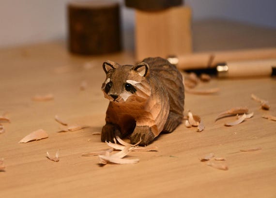 Hand-Carved Wooden Raccoon Figurine: Christmas Raccoon Ornament Gift for Friends