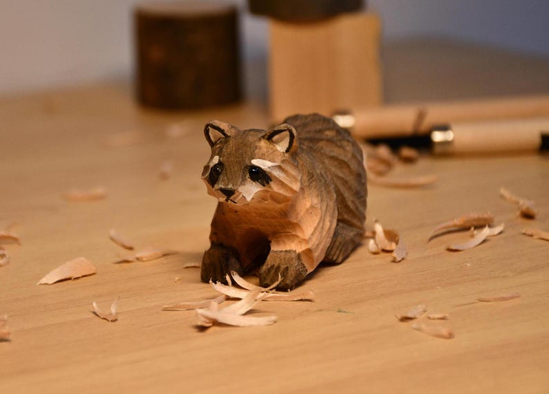 Hand-Carved Wooden Raccoon Figurine: Christmas Raccoon Ornament Gift for Friends image 1