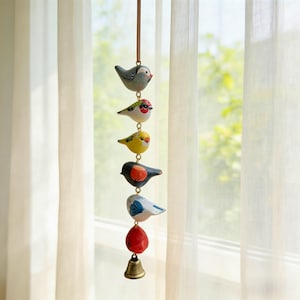Wood Bird Wind Chime, Hanging Bell Decor, Rustic Porch Ornament, Garden Window Mobile, Calming Nature Gift, Farmhouse Decor Forest Whisper