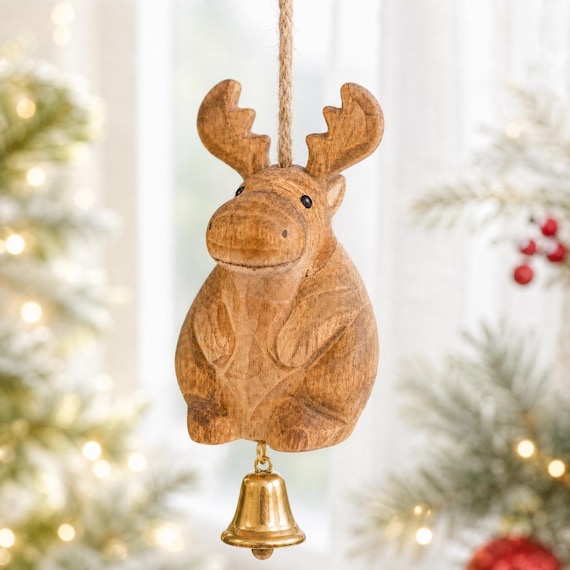 Hand Carved Wooden Moose Bell Ornament, Christmas Tree Hanging Decor, Rustic Reindeer Wind Chime, Woodland Holiday Gift, Stocking Stuffer