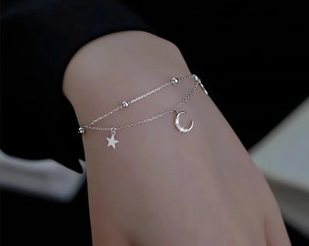 925 Sterling Silver Double-Layered Star-Moon-Ball Charm Bracelet With Zircon, Celestial Bracelet, Minimalist Stackable Jewelry, Gift For Her