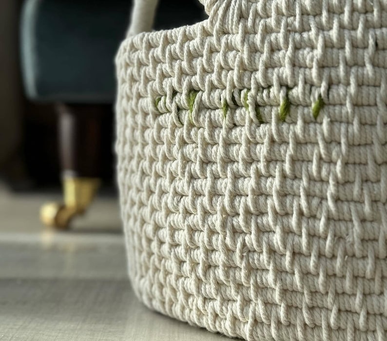 Hand-Woven Basket Olive and Cream image 2