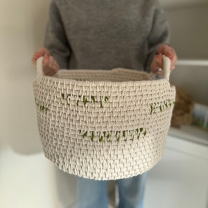 Hand-Woven Basket Olive and Cream image 1