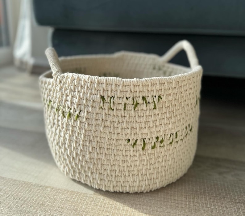 Hand-Woven Basket Olive and Cream image 3