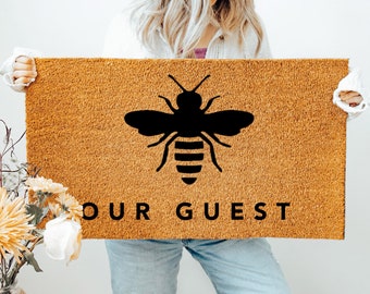 Be Our Guest Door Mat, Flocked Coir Outdoor Welcome Mat, Custom Rug Gift, Front Porch Decor, Honey Bee Door Mat, Bee Our Guest Doormat