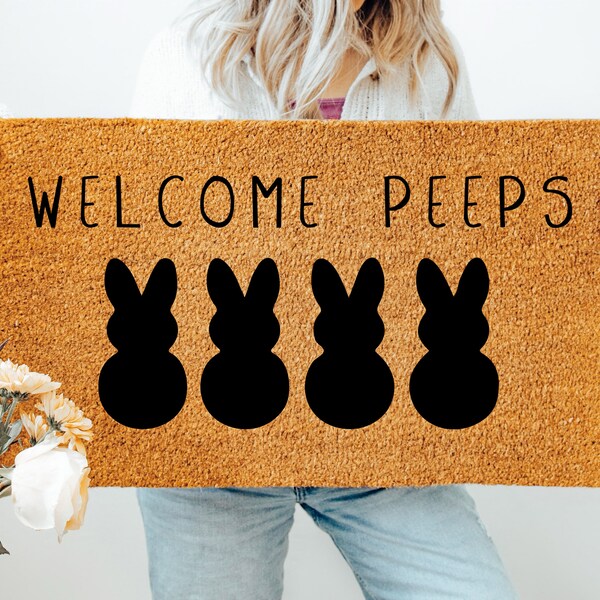 Welcome Peeps Doormat, Rabbit Doormat, Flocked Coir Outdoor Welcome Mat, Custom Rug Gift, Front Porch Decor, Bunny Doormat, Easter Mat