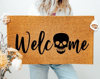 Welcome Doormat, Skull Doormat, Funny Doormat, Flocked Coir Outdoor Welcome Mat, Custom Rug Gift, Front Porch Decor, Halloween Doormat