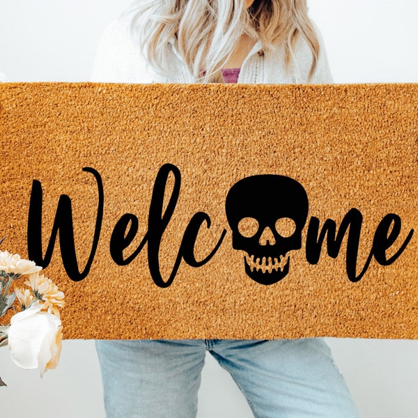 Welcome Doormat, Skull Doormat, Funny Doormat, Flocked Coir Outdoor Welcome Mat, Custom Rug Gift, Front Porch Decor, Halloween Doormat