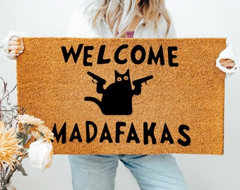 Welcome Madafakas Doormat, Funny Cat Doormat, Flocked Coir Outdoor Welcome Mat, Custom Rug Gift, Front Porch Decor, Cat Gun Doormat