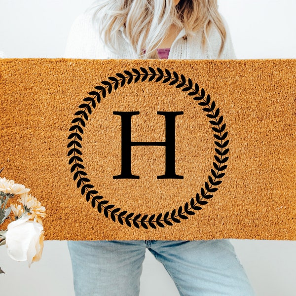 Personalized Monogram Doormat, Wreath Initial Door Mat, Flocked Coir Outdoor Welcome Mat, Custom Rug Gift, Front Porch Decor, Funny Door Mat