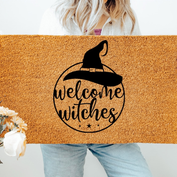 Welcome Witches Doormat, Witchy Doormat, Flocked Coir Outdoor Welcome Mat, Custom Rug Gift, Front Porch Decor, Halloween Doormat