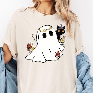 Halloween Black Cat & Ghost Comfort Colors Shirt, Halloween Ghost Tshirt, Spooky Season Cat Tee, Halloween Cute Women Outfit, Halloween Gift