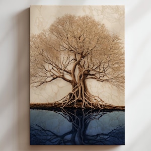May include: A canvas art print featuring a detailed tree with exposed roots and branches. The tree is depicted in shades of brown and beige, with a dark blue reflection below, creating a symmetrical effect. The artwork is mounted on a white wall.