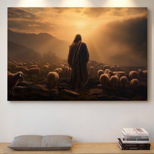 Jesus and the Sheep Canvas – Religious Wall Art – Christian Home Decor – Faith-Based Painting – Good Shepherd Inspirational Artwork