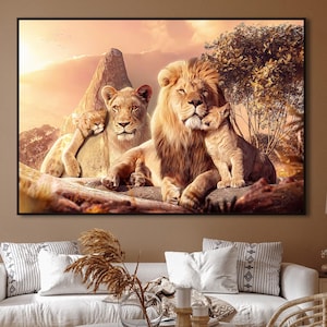 Famiglia di leoni con 2 cuccioli / Arte della fauna selvatica per decorazioni da safari / Decorazioni murali per la famiglia / Poster di animali con primo piano di leoni / Tela con animali selvatici per amanti dei leoni