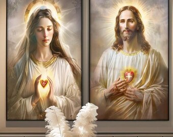 Stampe Su Tela Di Gesù E Maria Sacro Cuore, 3 Pezzi, Con Colomba E Croce, Decorazione Religiosa Senza Cornice