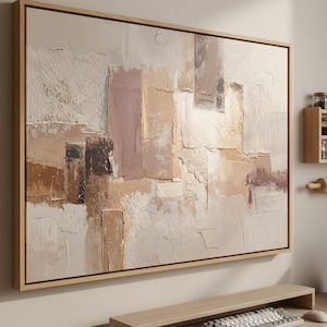 Textured Abstract Art Print, Beige Pink Brown Impasto Canvas