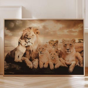 Familia de leones con 4 cachorros / Arte de vida silvestre para decoración de safari / Decoración de pared familiar / Póster de animales de primer plano de leones / Lienzo de vida silvestre para amantes de los leones