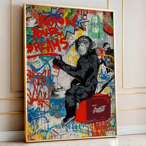 Graffiti Chimpanzee Pop Art | Street Art Canvas Wall Print | Stencil Monkey on Cooler with Spray Can | Colorful Urban Graffiti Decor