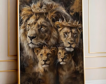 Lion Family Portrait Canvas – Abstract Safari Art with Cubs