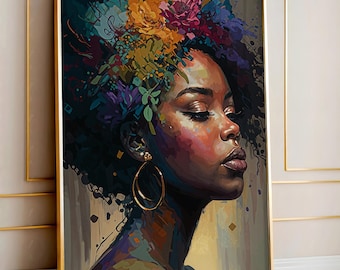 Black Woman Floral Crown Canvas Art | Botanical Portrait Wall Decor