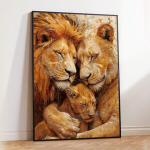 Accogliente famiglia di leoni / Arte della fauna selvatica per decorazioni da safari / Decorazione da parete per la famiglia / Poster di animali con primo piano di leoni / Arte murale su tela con animali selvatici amanti dei leoni