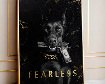 Fearless Black Dog Canvas Art | Abstract Gun-Inspired Decor