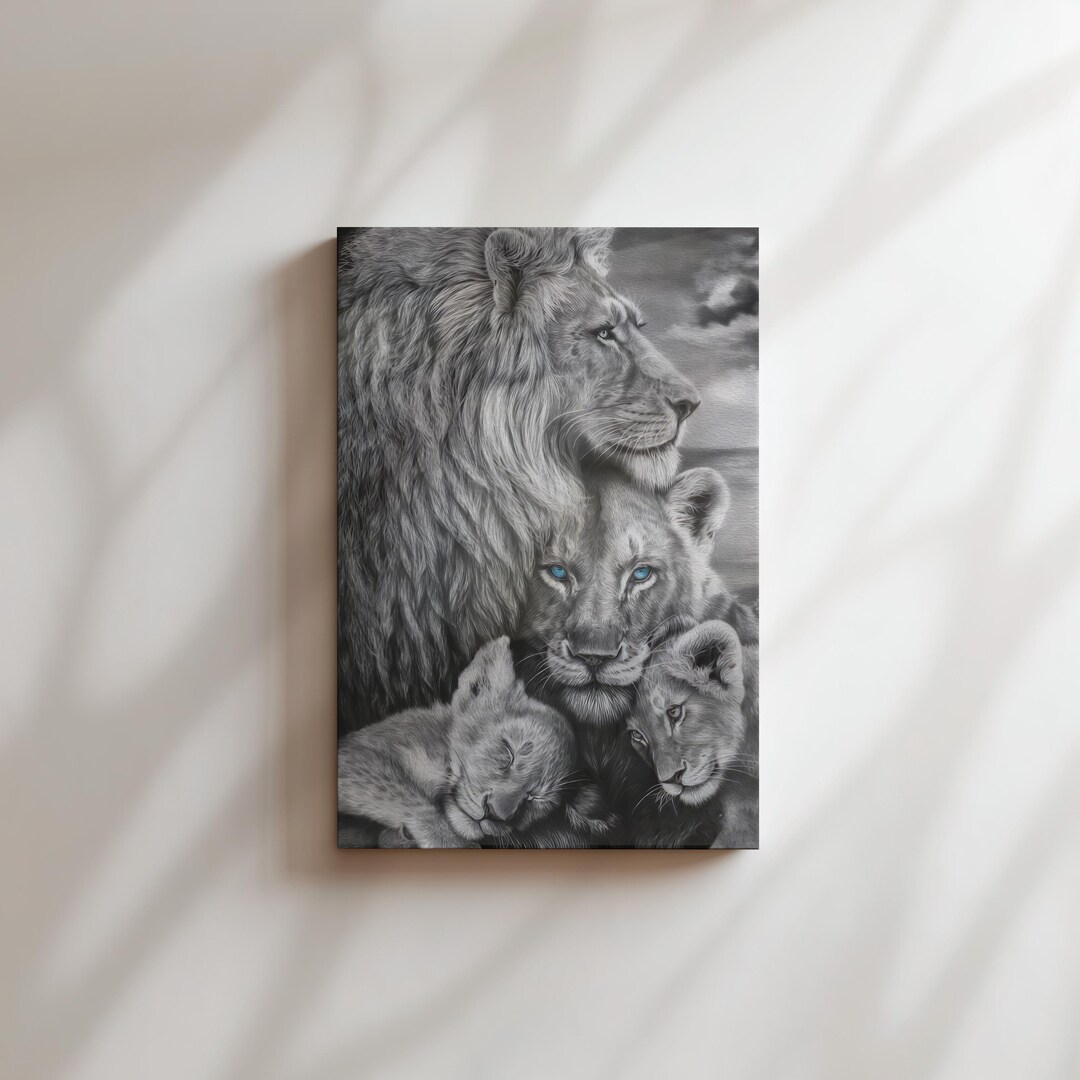 Monochrome Lion Family Canvas Print – Safari Animal Wall Art - Etsy