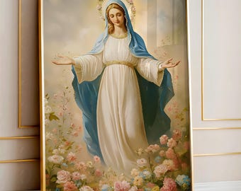 Our Lady Mary Canvas Print | Virgin Mary in Flower Garden, Catholic Wall Art
