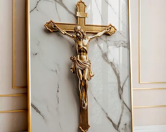 Gold Cross Christ Marble Art | Religious Framed Canvas