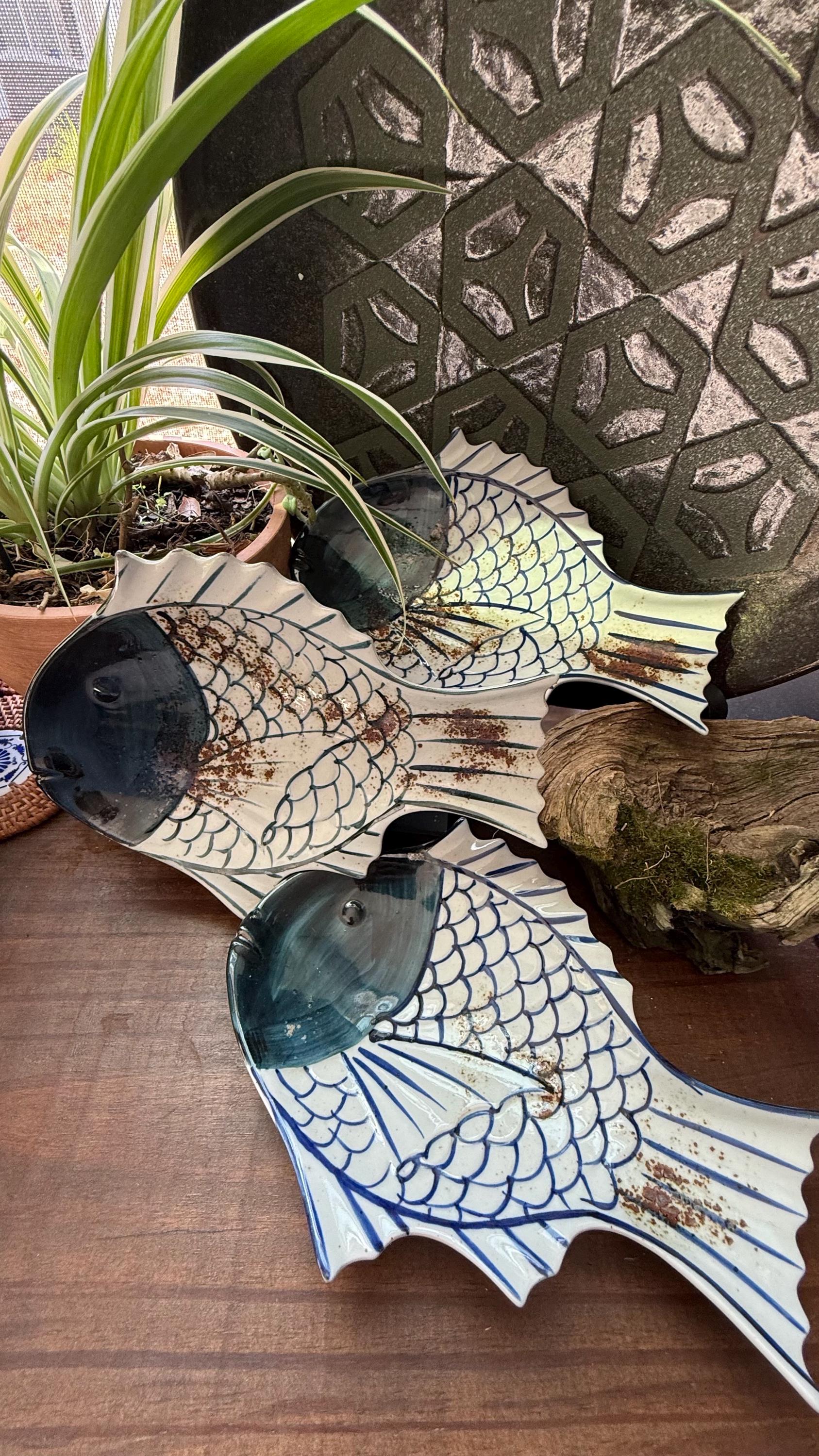 ヴィンテージ手描き陶器魚皿 和風装飾皿セット 素朴な海風食器 寿司用