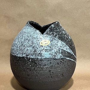 Vintage Black and Blue Textured Ceramic Vase | Japanese Vase | Japanese Pottery | Unique Décor