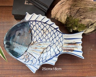 ヴィンテージ手描き陶器魚皿 和風装飾皿セット 素朴な海風食器 寿司用