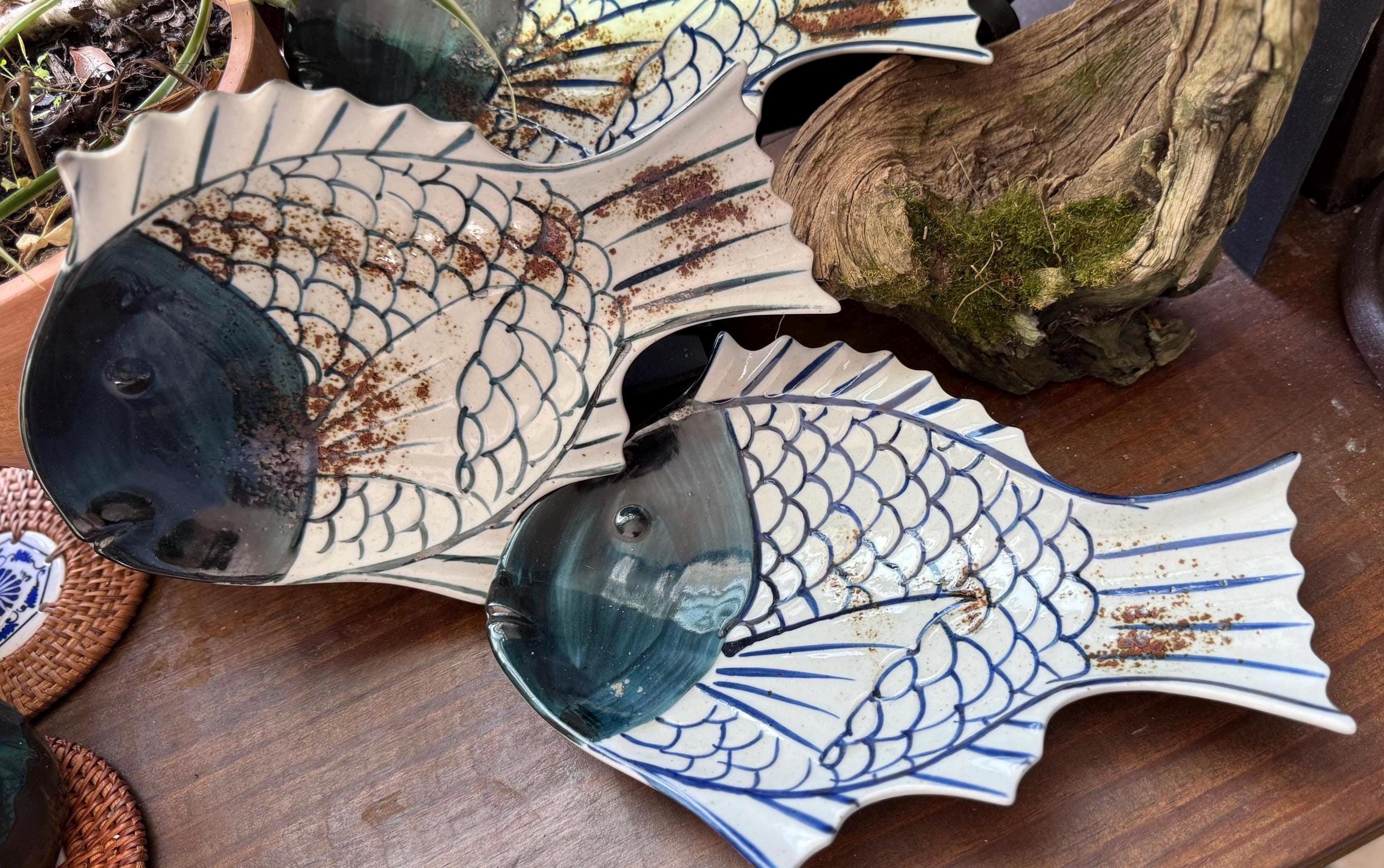 ヴィンテージ手描き陶器魚皿 和風装飾皿セット 素朴な海風食器 寿司用