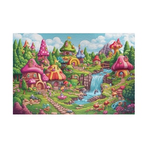 Fantasy Fairy Landscape Cartoon Puzzle, 110 252 520 1014 Pieces, Fairies Elves Rainbow Mushrooms Waterfall Enchanted Forest, Jigsaw Game