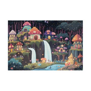 Puzzle, Fantasy Landscape Cartoon, 110 252 520 1014 Pieces, Fairies Elves Rainbow Mushrooms Waterfall Enchanted Forest, Jigsaw Game