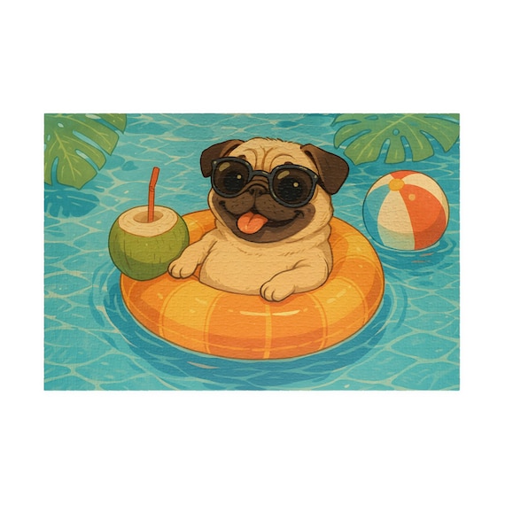 Summer Pug in Floaty (110, 250, 520, 1014 Pieces) Jig Saw Puzzle