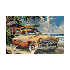 1950 ford woody wagon surfer Puzzle (110, 252, 520, 1014-piece) Classic Beach Car, Surfer Car, Unique Puzzle, Adult Puzzle Family Fun