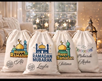 Handmade Ramadan Sack Bag, Personalized Kids Ramadan Drawstring Bag 20 x 12 or 26.8 x 18.9 inches, Family Ramadan Mubarak Gifts