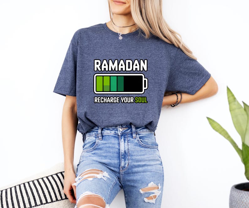 Ramadan Recharge Your Soul Shirt, Islamic Ramadan Shirt, Muslim Graphic Tee, Unisex DTF Ramadan Shirt, Spiritual Ramadan Apparel Heather Navy