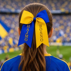 Könnte beinhalten: Eine gelb-blaue Haarschleife mit den goldfarbenen Schriftzügen "HAJMO" und "BOSNO". Die Schleife wird von einer Person getragen, die ein blaues Hemd trägt, mit einem verschwommenen Stadion im Hintergrund.