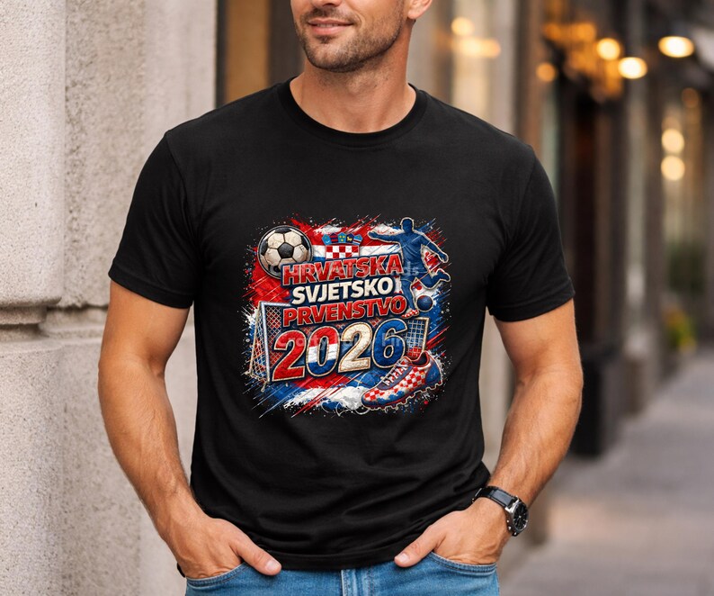 May include: Black t-shirt with a graphic design featuring a soccer ball, a soccer player, and the text "HRVATSKA SVJETSKO PRVENSTVO 2026" in red, white, and blue. The design incorporates the Croatian flag.