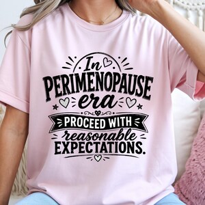 May include: A light pink short-sleeved t-shirt featuring black text that reads In PERIMENOPAUSE era PROCEED WITH reasonable EXPECTATIONS. The design includes small heart and star icons surrounding the lettering in a centered graphic layout.
