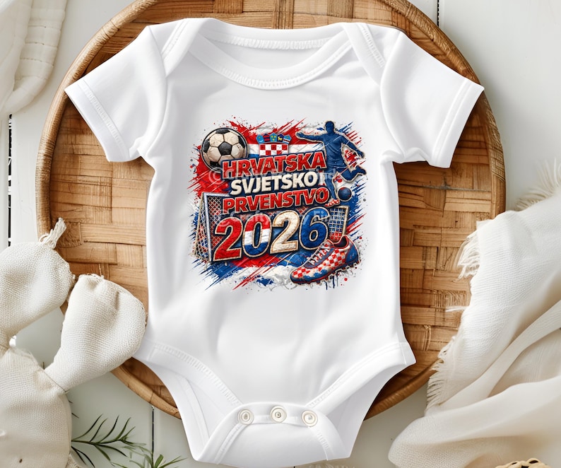 May include: White baby onesie with a soccer-themed graphic. The design features a soccer ball, a soccer player, a goal, and the text "HRVATSKA SVJETSKO PRVENSTVO 2026" in red, white, and blue. The onesie is short-sleeved.