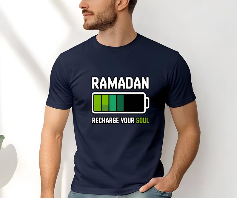 Ramadan Recharge Your Soul Shirt, Islamic Ramadan Shirt, Muslim Graphic Tee, Unisex DTF Ramadan Shirt, Spiritual Ramadan Apparel Navy