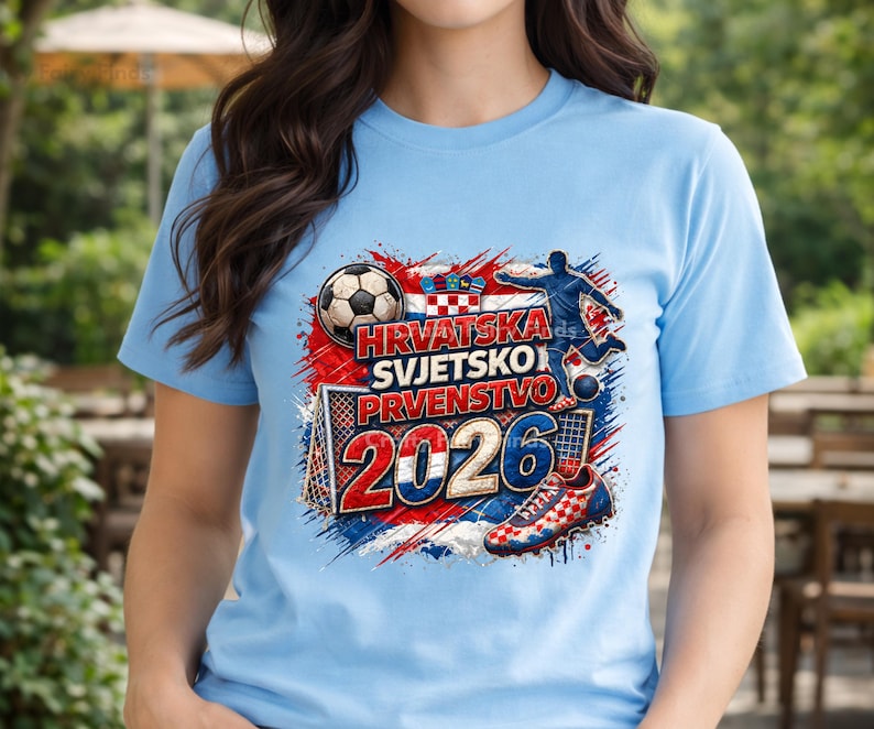 May include: Light blue t-shirt with a graphic design featuring a soccer ball, a soccer player, and a soccer shoe. The design includes the text "HRVATSKA SVJETSKO PRVENSTVO 2026" in red, white, and blue, with the Croatian flag.