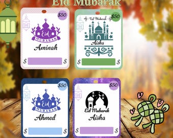 May include: Four gift cards with a $50 value, featuring a mosque design and the text "Eid Mubarak". The cards are decorated with different colors and patterns, including purple, blue, green, and pink. Each card has a space for a name, such as "Aminah", "Aisha", or "Ahmed".