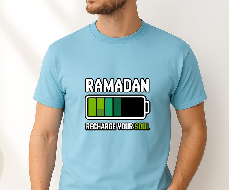Ramadan Recharge Your Soul Shirt, Islamic Ramadan Shirt, Muslim Graphic Tee, Unisex DTF Ramadan Shirt, Spiritual Ramadan Apparel Sky Blue