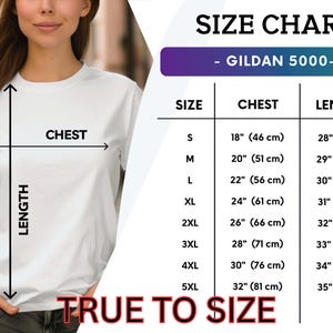May include: A size chart for a Gildan 5000 t-shirt featuring a white t-shirt with black arrows indicating chest and length measurements. The table lists sizes S through 5XL with corresponding chest and length measurements in inches and centimeters.