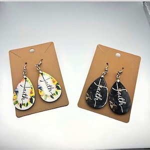 Faith Earrings: Teardrop Sublimation Print, Religious Jewelry